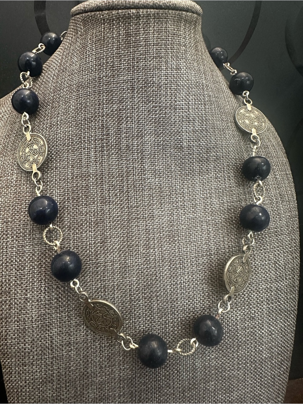 Lapis Lazuli Bead Necklace with Silver Medallions - Women Jewelry